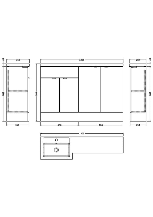 1200mm Left Hand Combination Hudson Reed Dimensions