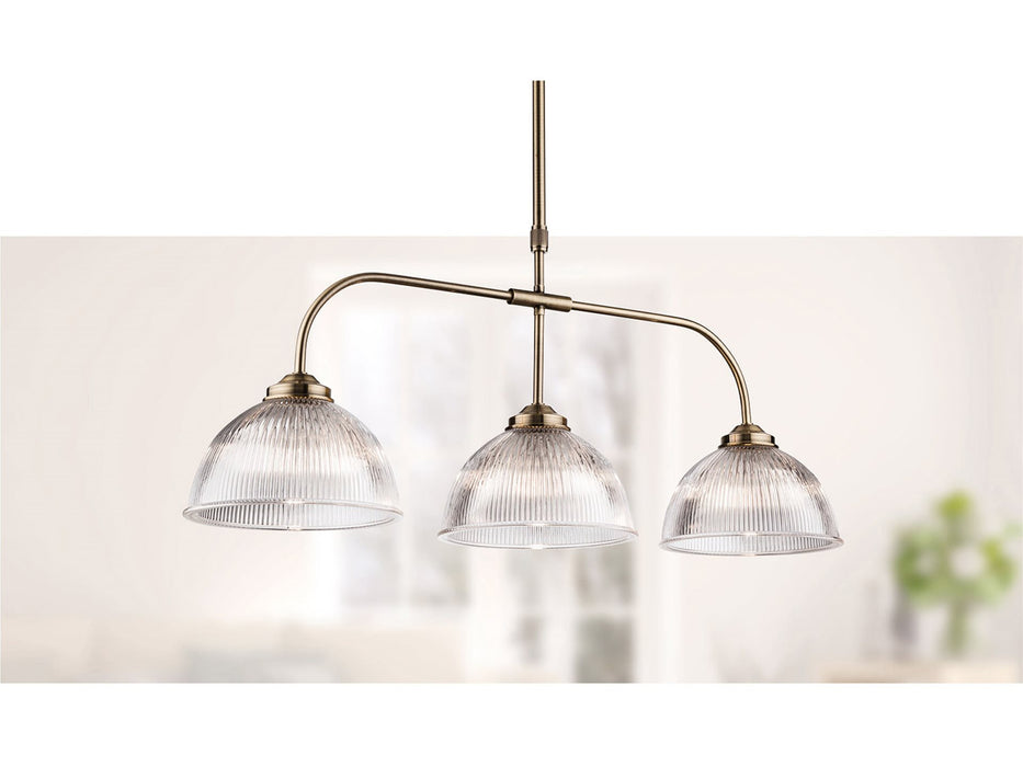 Ashford 3 Light Pendant - Antique Brass with Clear Ribbed Glass