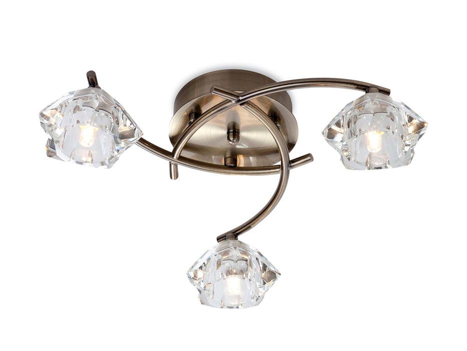 Clara 3 Light Flush Ceiling Fitting - Antique Brass with Clear Glass