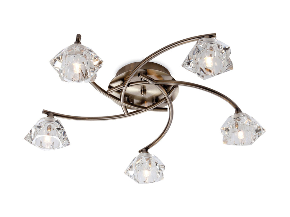 Clara 5 Light Flush Ceiling Fitting - Antique Brass with Clear Glass