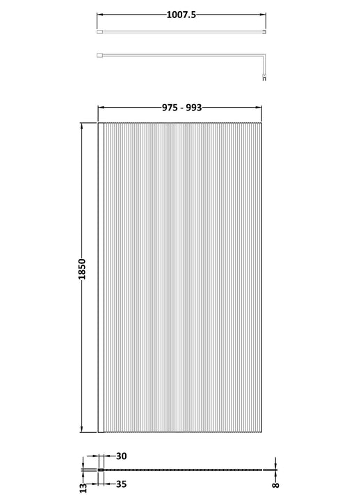 1850x1000mm Fluted Wetroom Screen - Line Drawing
