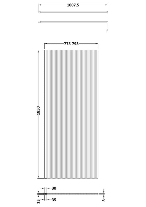 1850x800mm Fluted Wetroom Screen - Line Drawing