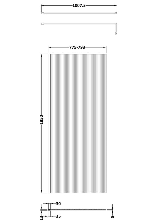 1850x800mm Fluted Wetroom Screen - Line Drawing