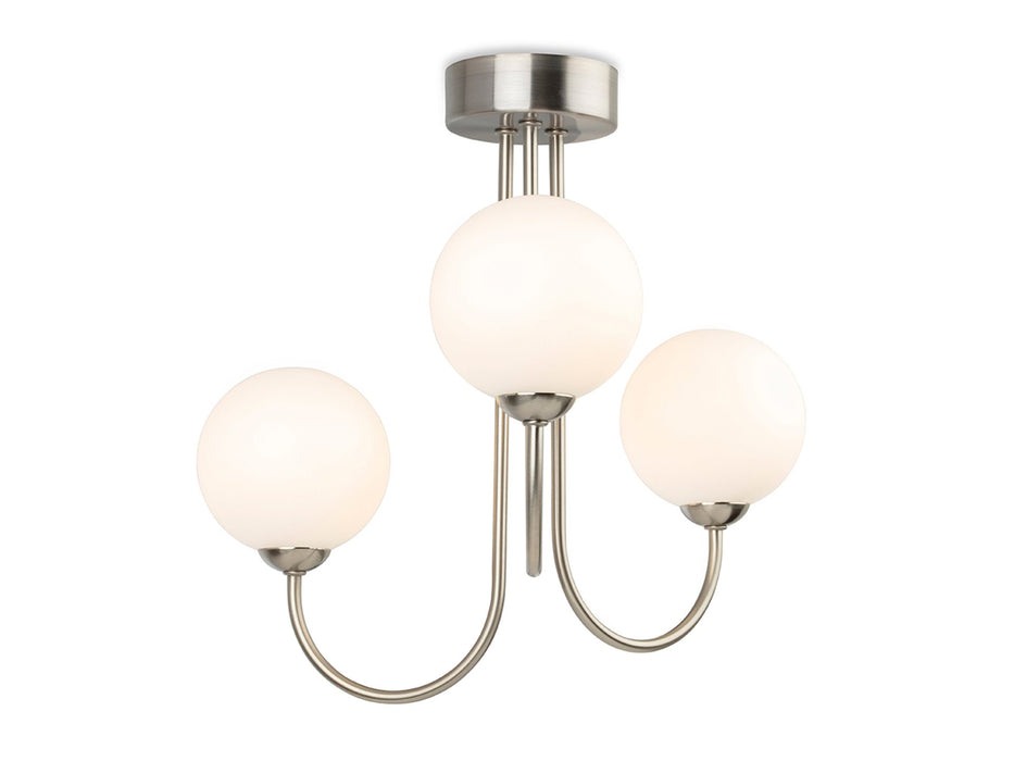 Lyndon 3 Light Flush Ceiling Fitting - Brushed Steel with Opal White Glass