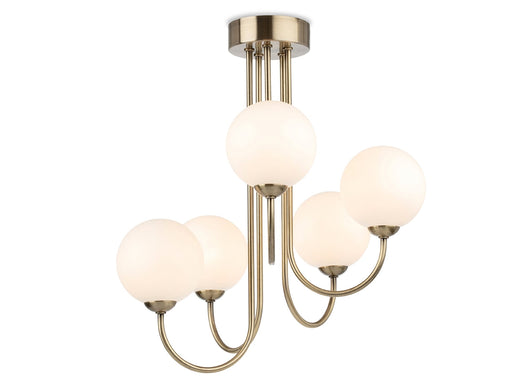 Lyndon 5 Light Flush Ceiling Fitting - Antique Brass with Opal White Glass