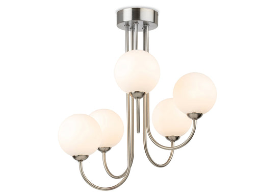 Lyndon 5 Light Flush Ceiling Fitting - Brushed Steel with Opal White Glass