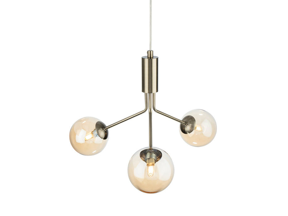 Montana 3 Light Fitting - Antique Brass with Amber Glass