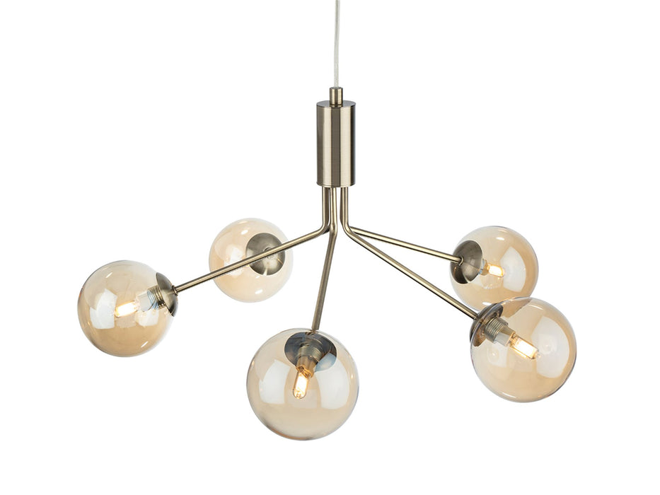 Montana 5 Light Fitting - Antique Brass with Amber Glass