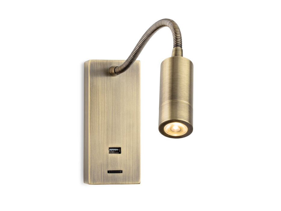 Clifton LED Flexi Wall Light with USB Port - Antique Brass