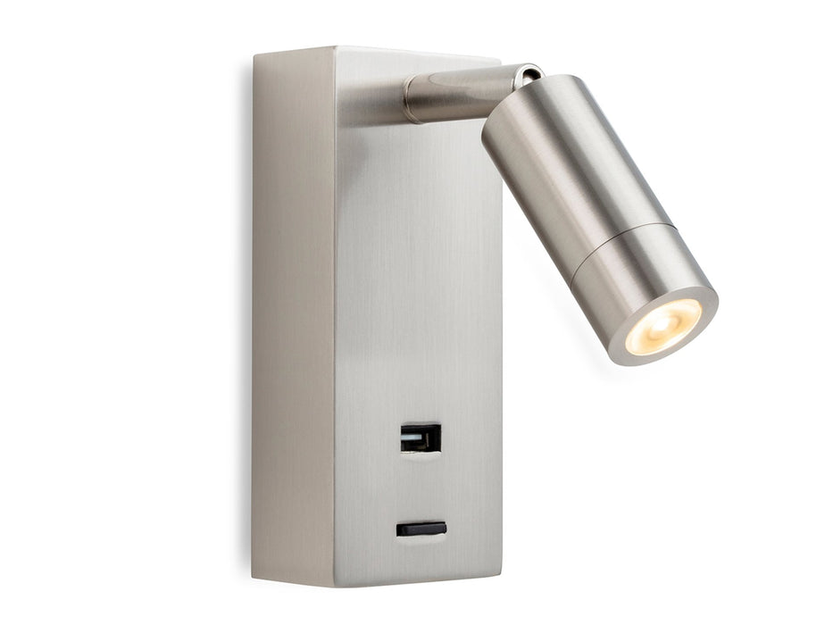 Clifton LED Wall Light with USB Port - Brushed Steel