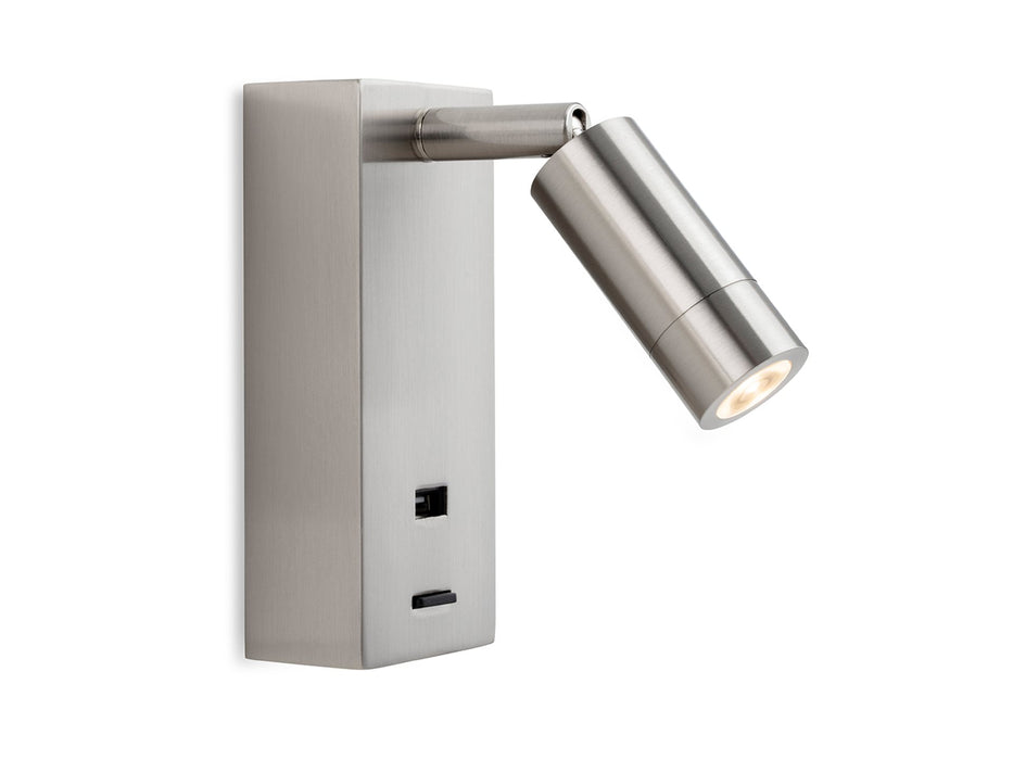 Clifton LED Wall Light with USB Port - Brushed Steel