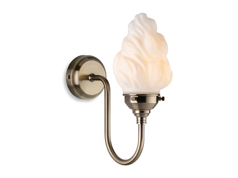 Flame Wall Light - Antique Brass with Opal White Flame Glass