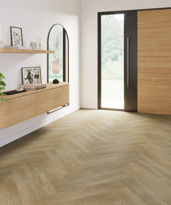 Box of Pronto™ Whinfell Light Oak Herringbone Luxury Vinyl Tile