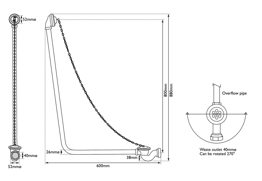 Hurlingham Exposed Bath Plug & Chain Waste With Overflow Pipe 880x52x600 mm