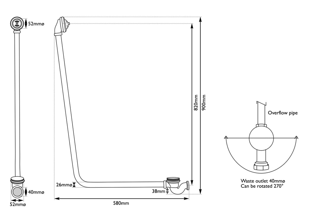 Hurlingham Exposed Bath Click Clack Waste With Overflow Pipe 900x52x580 mm