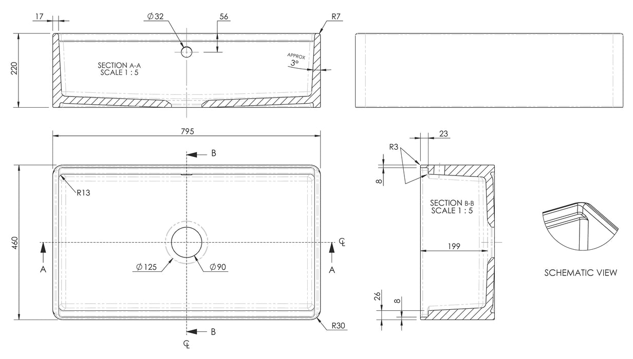 Butler Sink with Ledge, Grid & Chopping Board Dimensions