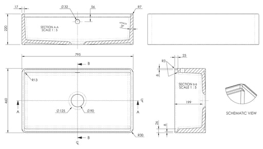 Butler Sink with Ledge, Grid & Chopping Board Dimensions