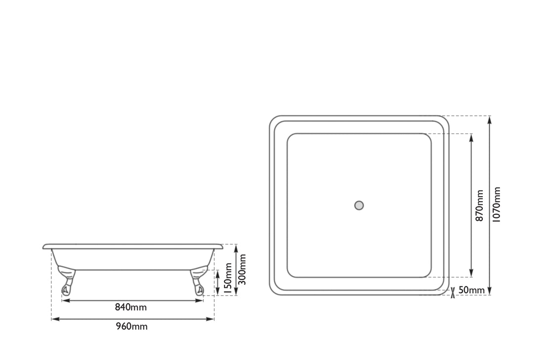 Hurlingham Chatterton Cast Iron Shower Tray, Roll Top Painted Shower Tray - 1070x300mm