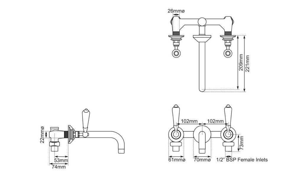 Hurlingham Lever 3-Hole Wall-Mounted Bathroom Basin Mixer Taps