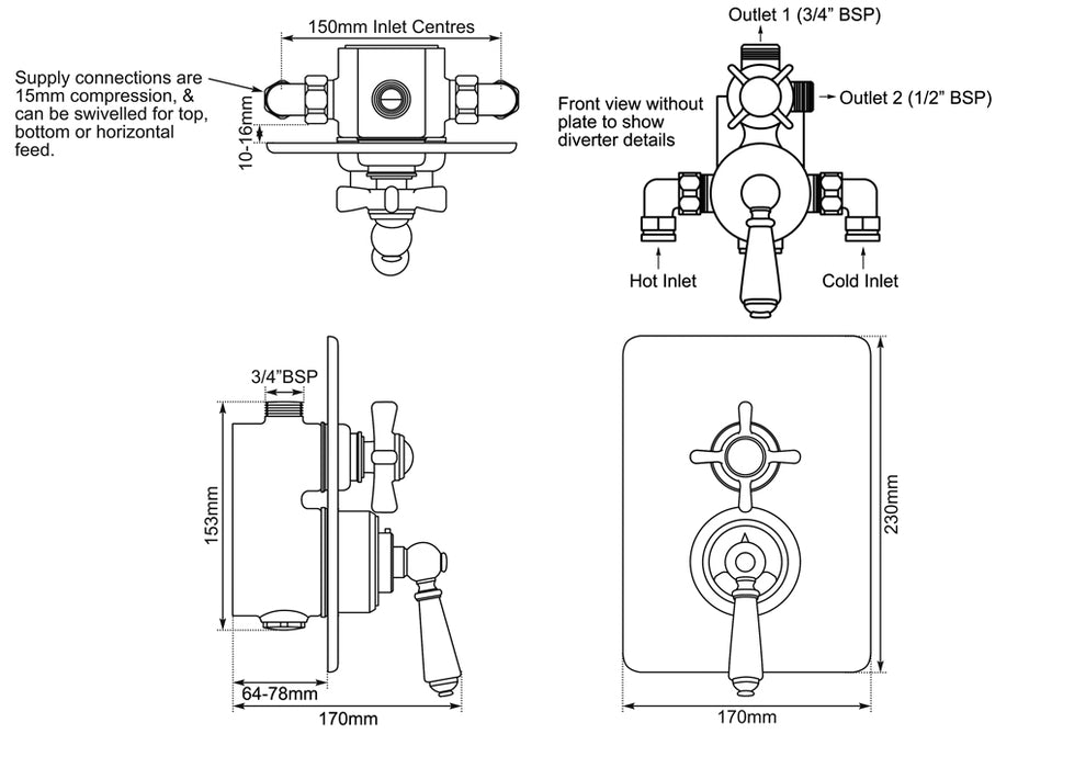 Hurlingham Dual Control Thermostatic Concealed Shower Valve, 2 Outlets