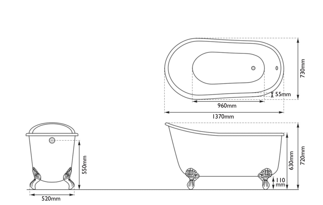 Hurlingham Shelley Freestanding Cast Iron Slipper Bath 1370 x 730mm