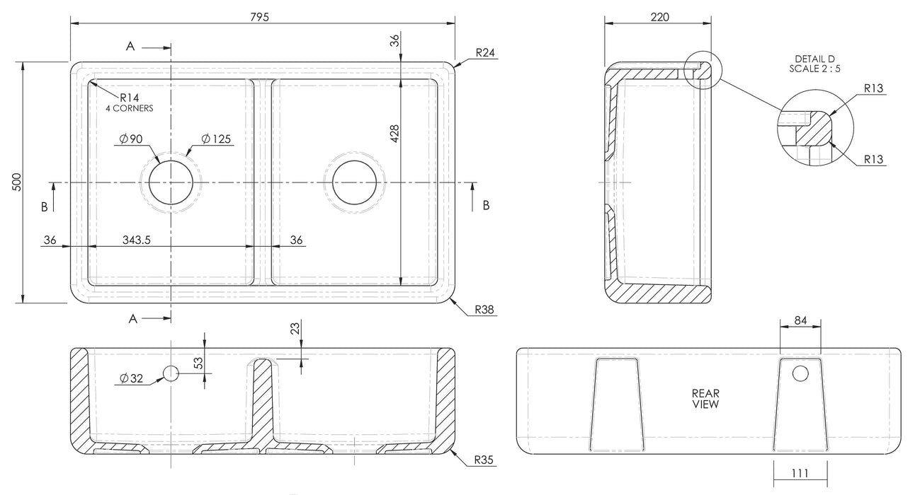 Thick Edged Double Bowl Butler Sink Dimensions