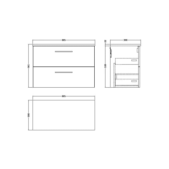 Arno 800mm Wall Hung 2-Drawer Vanity or Laminate Top