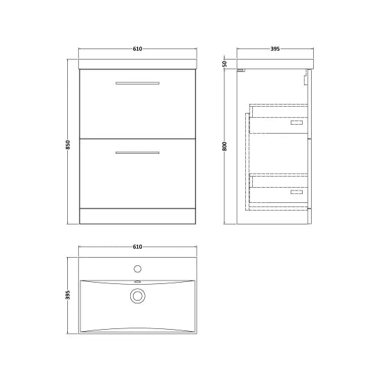 Arno 600mm Floor Standing 2-Drawer Vanity or Thin-Edge Basin