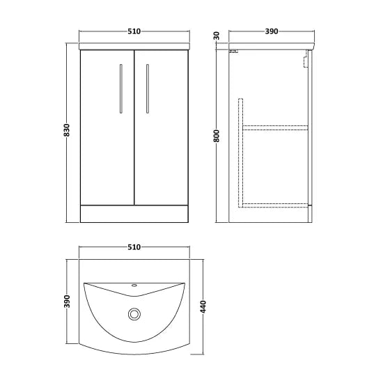 Arno Floor Standing 2 Door Vanity or Curved Ceramic Basin, 500mm