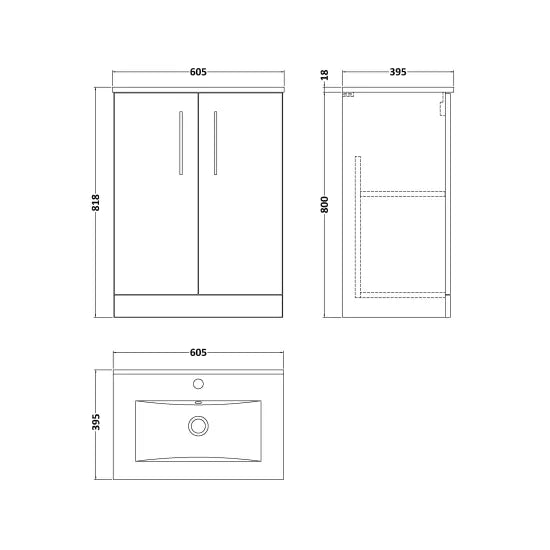 Arno Floor Standing 2 Door Vanity or Minimalist Ceramic Basin, 600mm