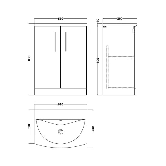 Arno Floor Standing 2 Door Vanity or Curved Ceramic Basin, 600mm