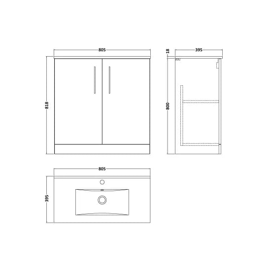 Arno Floor Standing 2 Door Vanity or Minimalist Ceramic Basin, 800mm