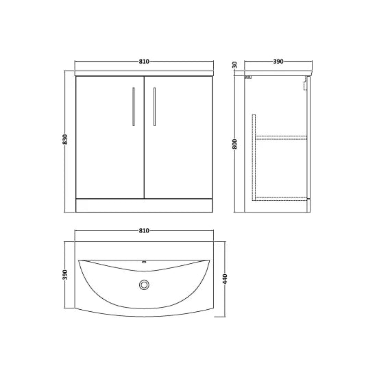 Arno Floor Standing 2 Door Vanity or Curved Ceramic Basin, 800mm