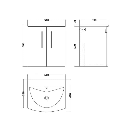 Arno Wall Hung 2 Door Vanity or Curved Ceramic Basin, 500mm