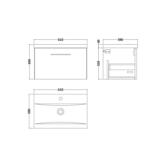 Arno Wall Hung 1 Drawer Vanity or Mid-Edge Ceramic Basin, 600mm