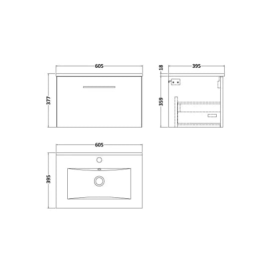 Arno Wall Hung 1 Drawer Vanity or Minimalist Ceramic Basin, 600mm