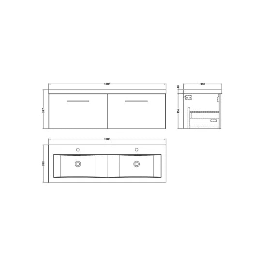 Arno Wall Hung 2 Drawer Vanity or Double Ceramic Basin, 1200mm