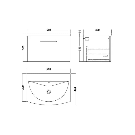 Arno Wall Hung 1 Drawer Vanity or Curved Ceramic Basin, 600mm