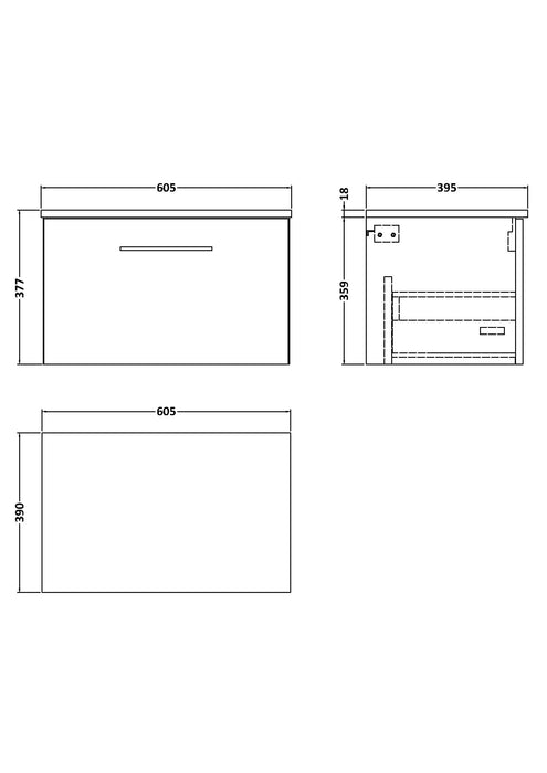 Arno Wall Hung 1 Drawer Vanity or Laminate Worktop, 600mm