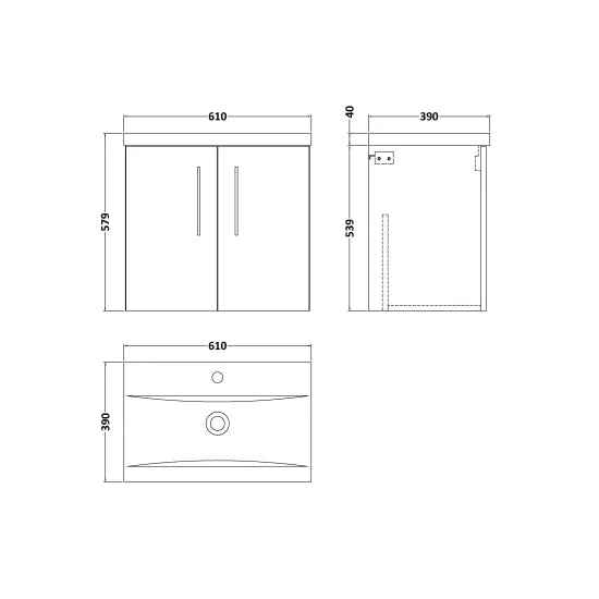 Arno Wall Hung 2 Door Vanity or Mid-Edge Ceramic Basin, 600mm