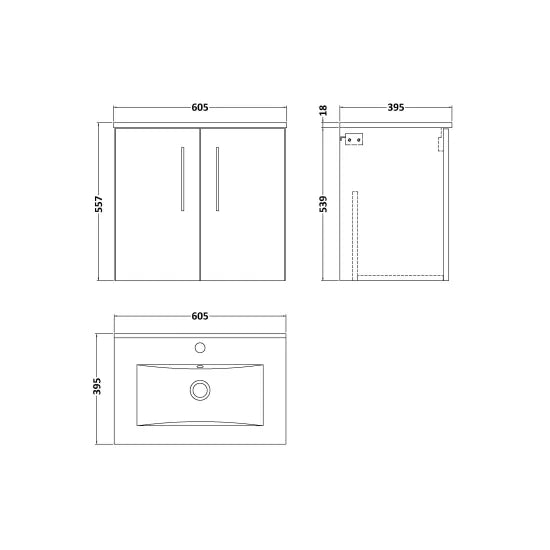 Arno Wall Hung 2 Door Vanity or Mid-Edge Ceramic Basin, 600mm