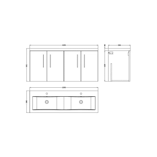 Arno Wall Hung 4 Door Vanity or Double Ceramic Basin, 1200mm