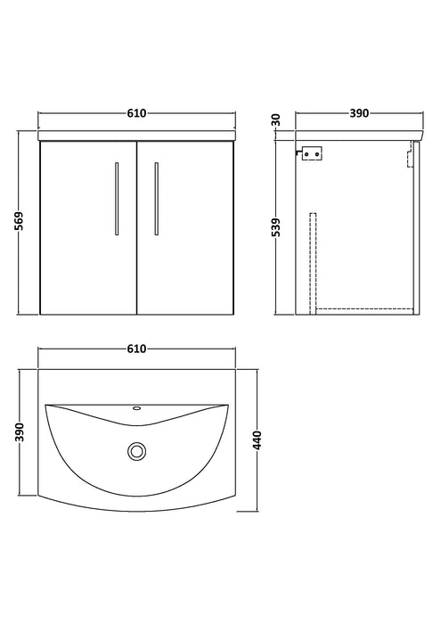 Arno Wall Hung 2 Door Vanity or Curved Ceramic Basin, 600mm