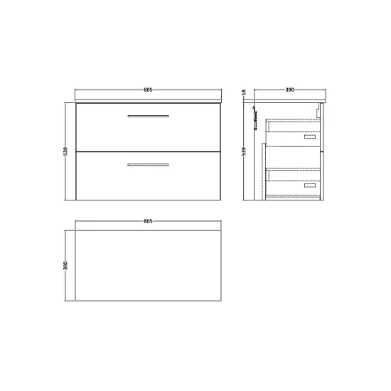 Arno Wall Hung 2 Drawer Vanity or Laminate Worktop, 800mm