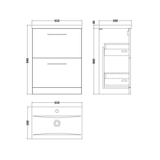 Arno Floor Standing 2 Drawer Vanity or Mid-Edge Ceramic Basin, 600mm