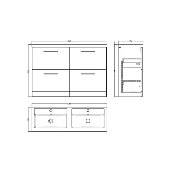 Arno Floor Standing 4 Drawer Vanity or Double Polymarble Basin, 1200mm