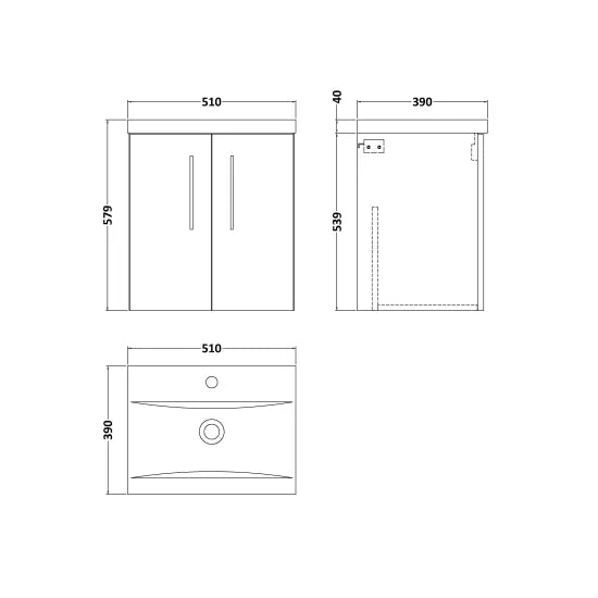 Arno Wall Hung 2 Door Vanity or Mid-Edge Ceramic Basin, 500mm