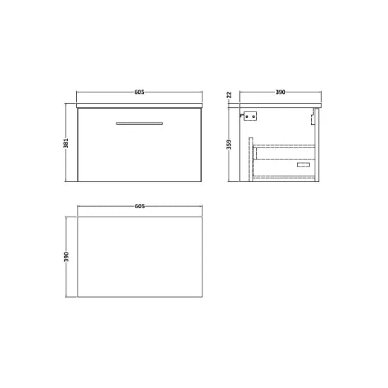 Arno Wall Hung 1 Drawer Vanity or Laminate Worktop, 600mm