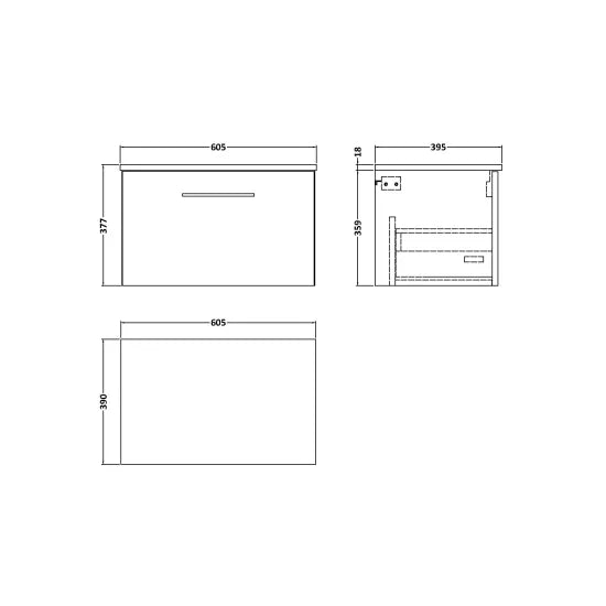 Arno Wall Hung 1 Drawer Vanity or Laminate Worktop, 600mm