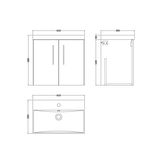 Arno Wall Hung 2 Door Vanity or Thin-Edge Ceramic Basin, 600mm